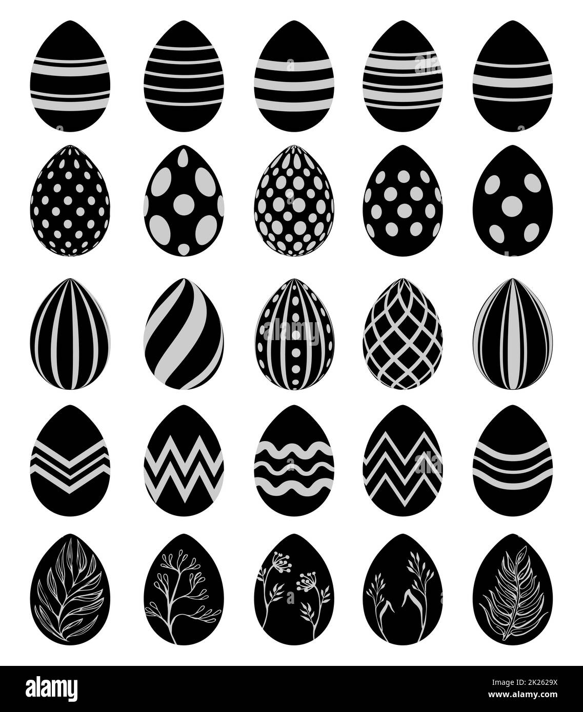 Set di 25 uova di Pasqua nere isolate su sfondo bianco - Vector Foto Stock