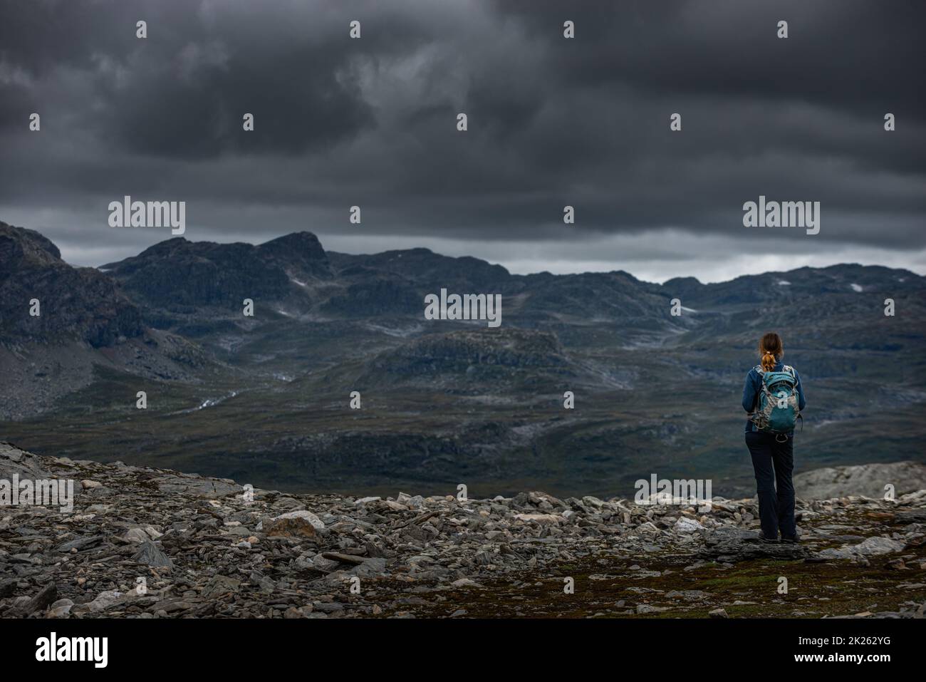 Haukelifjell montagne, Northeat Norvegia Backpacker ammirando bella vista Foto Stock