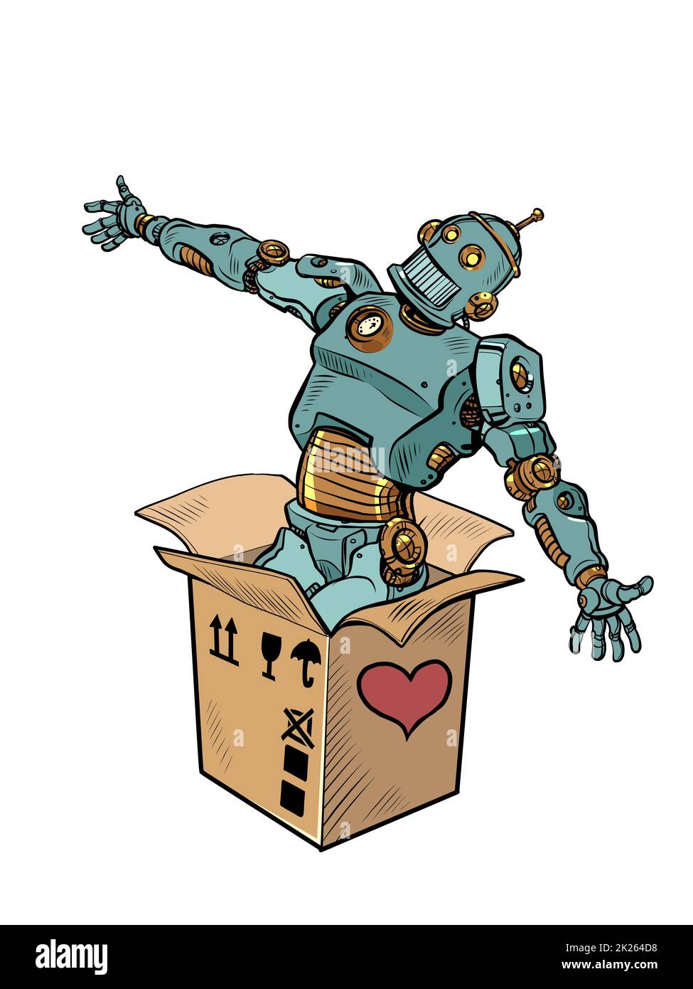 robot meccanico giocattolo scatola san valentino sorpresa saluto, amore romanticismo isolato su uno sfondo bianco Foto Stock