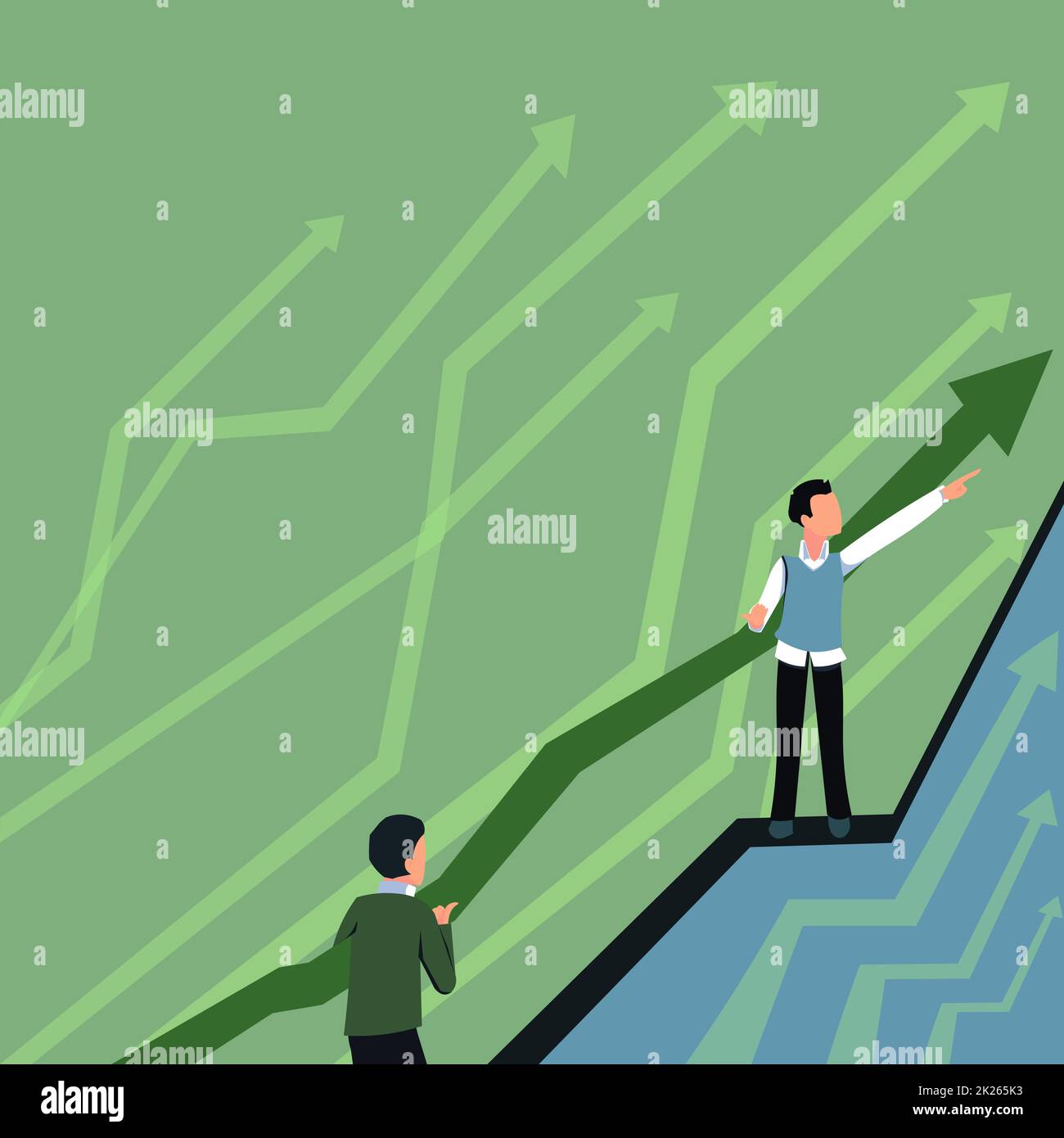 Frecce che guidano due uomini d'affari che collaborano verso un piano finanziario migliore. I colleghi che lavorano insieme predicono i risultati positivi del mercato. Foto Stock