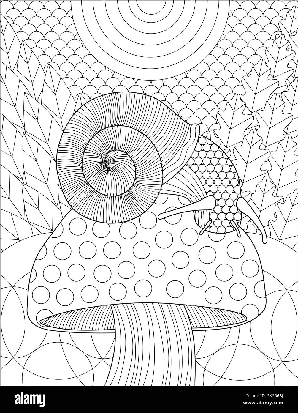 Lumaca seduta Top of Mushroom dopo la linea di pioggia disegno con disegno dettagliato sfondo disegno libro Foto Stock