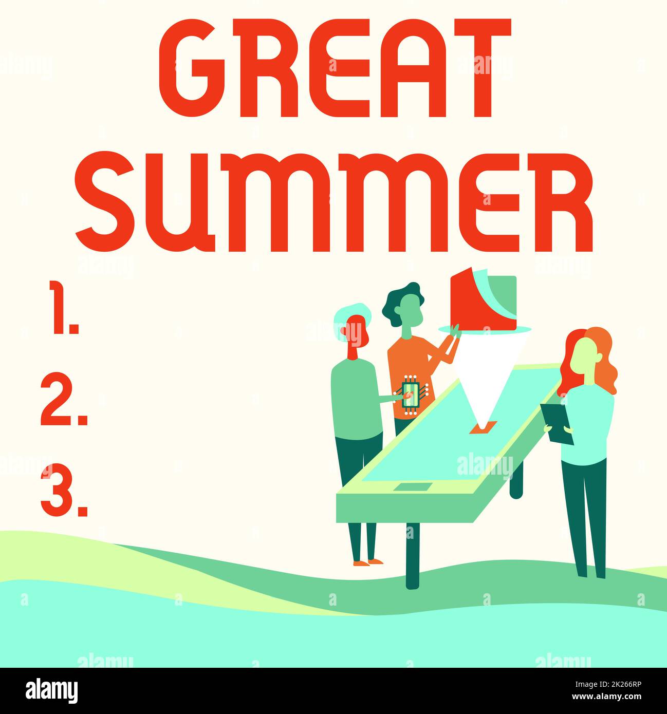 Cartello con la scritta Great Summer. Business Concept Having Fun Good Sunshine andare in spiaggia godendo colleghi all'aperto disegno in piedi accanto al tavolo proiezione grafico grafico. Foto Stock