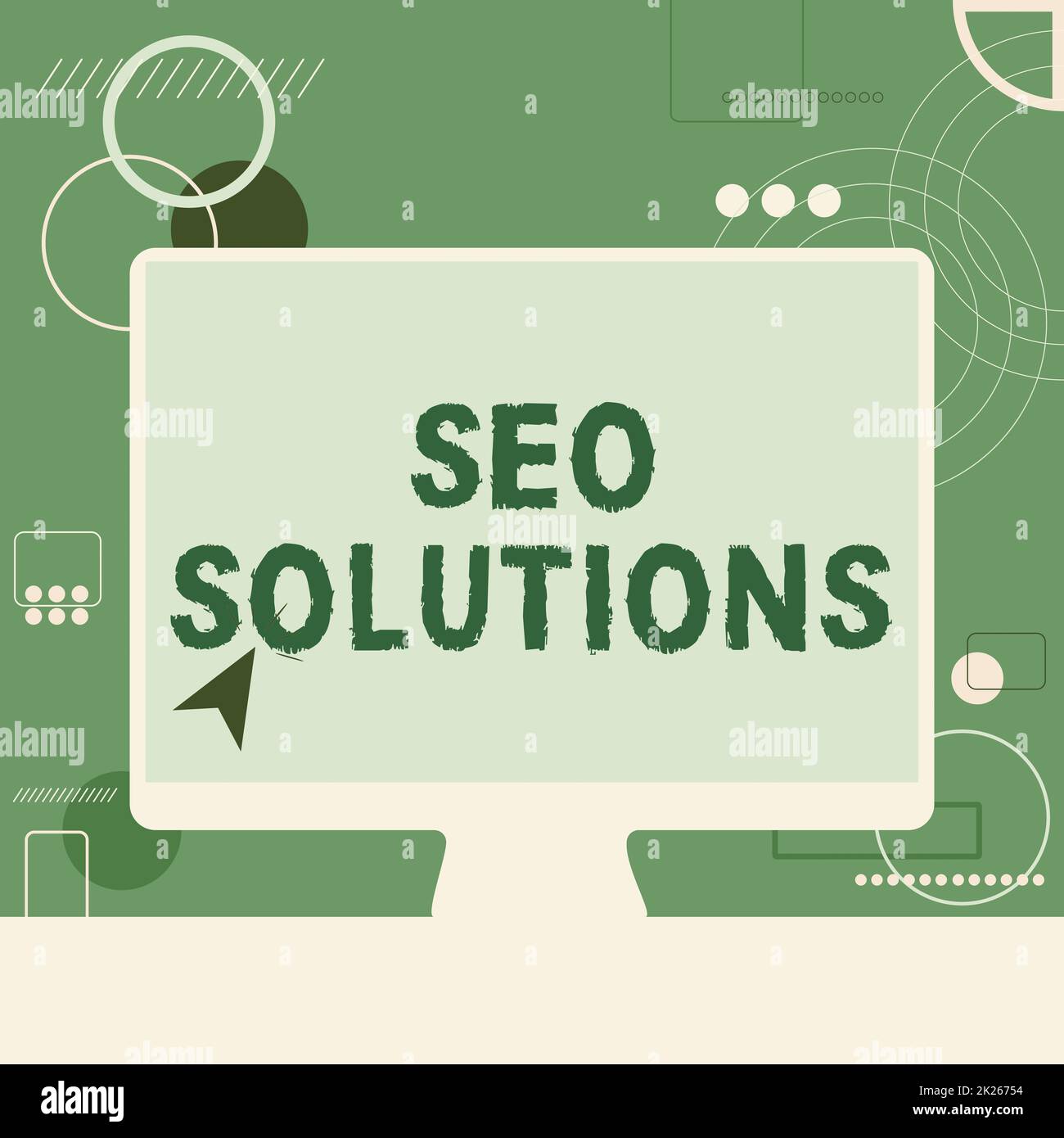 Scrittura a mano di testo Seo Solutions. Approccio commerciale Search Engine pagina dei risultati aumenti i visitatori da Ranking Illustrazione del cursore in schermo vuoto Monitor Ricerca idee. Foto Stock