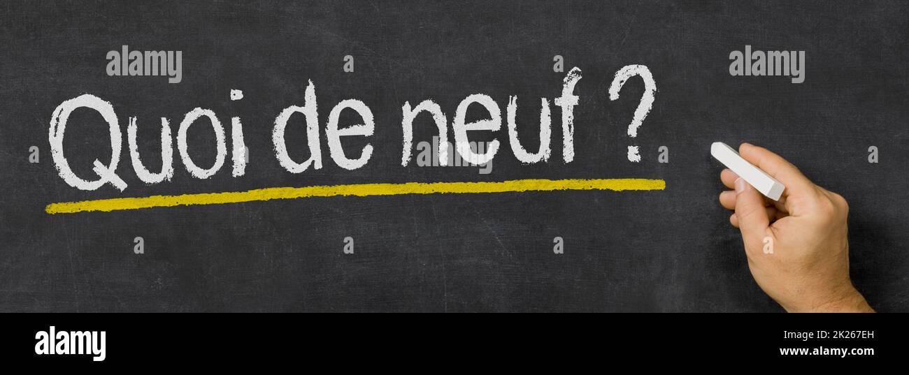 Testo scritto su una lavagna - Novità in francese - Quoi de neuf Foto Stock