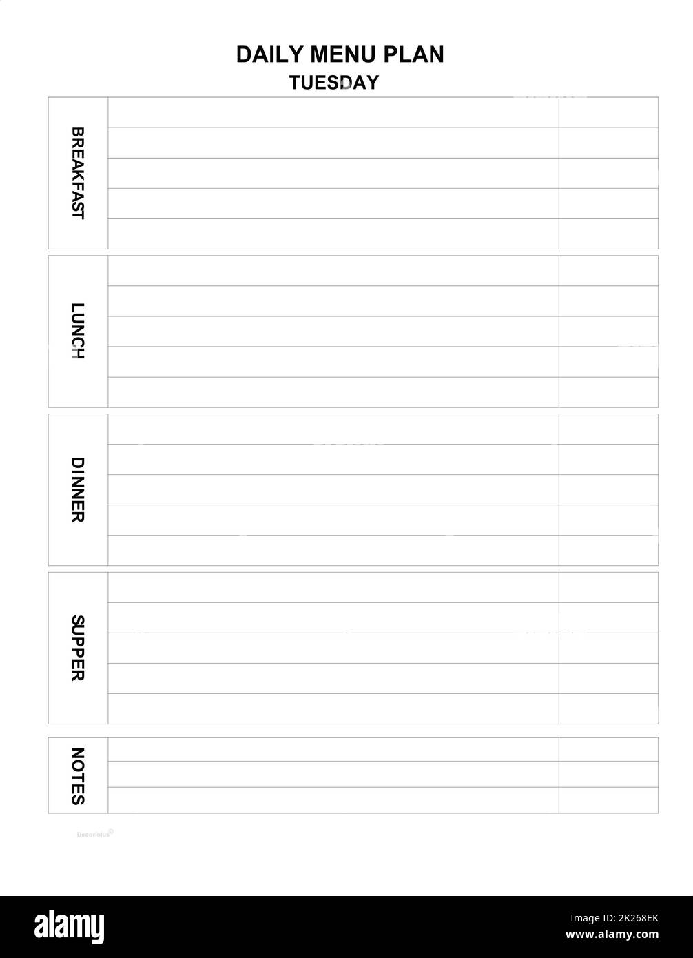 menu giornaliero per tutti i giorni. menu famiglia per oggi. elenco minimalista. Pianificatore dei pasti Foto Stock