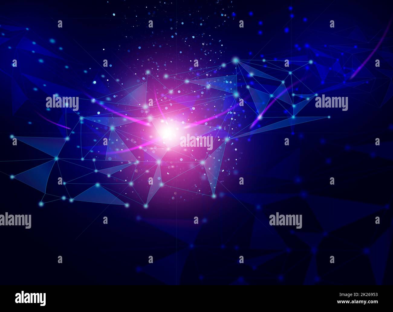Sfondo astratto con linee e punti collegati su sfondo blu scuro. Illustrazione della connessione wireless, scambio di informazioni Foto Stock