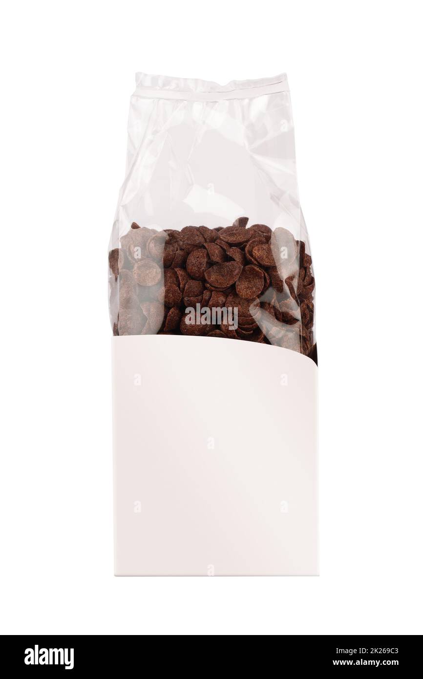 vista frontale della confezione di cereali per la colazione al cioccolato con cornflakes Foto Stock