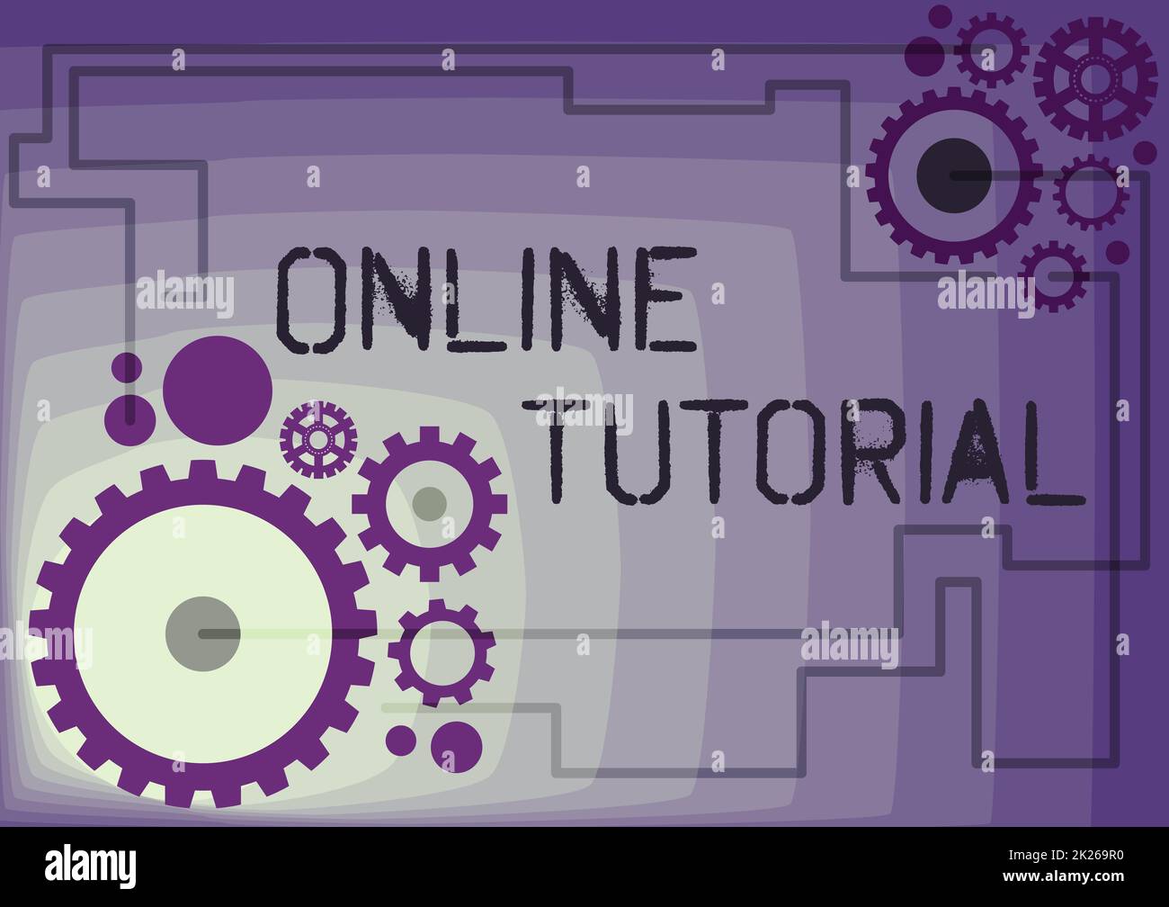 Testo che mostra l'ispirazione Tutorial online. Idea di business un individuo viene addestrato in tecnologia digitale Illustrazione di ingranaggi meccanici collegati tra loro eseguendo il lavoro Foto Stock