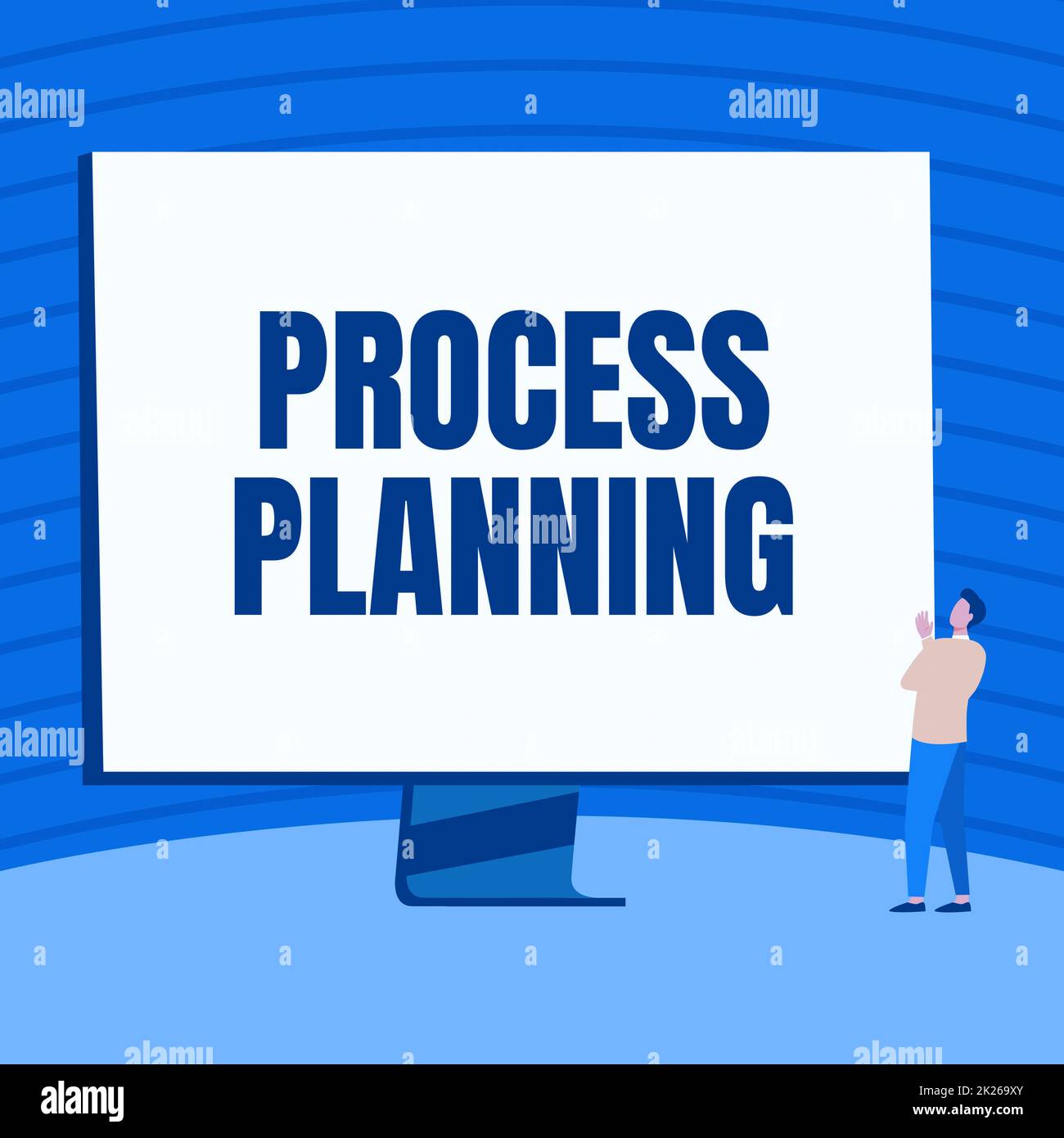 Pianificazione concettuale del processo di visualizzazione. Idea di affari lo sviluppo delle strategie di obiettivi liste di compiti ecc uomo in piedi disegno guardando il grande monitor Display mostrando le notizie. Foto Stock