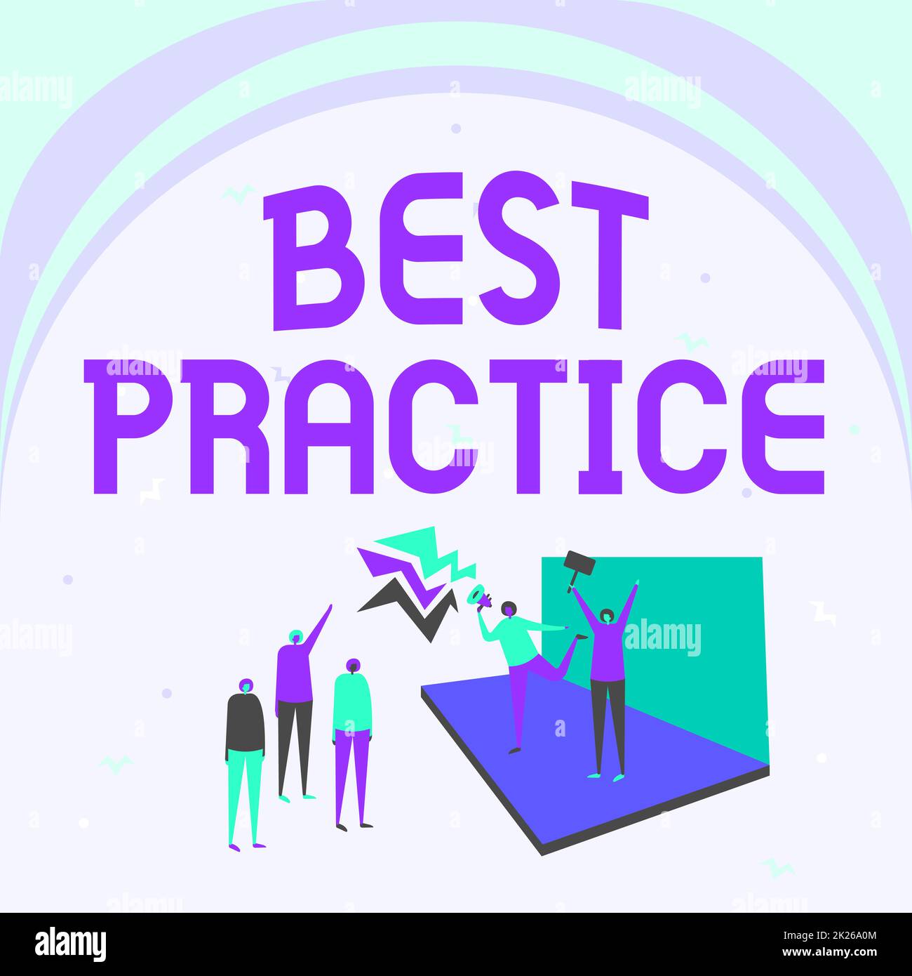 Testo che mostra le Best practice per l'ispirazione. Word for Selective Focus idee comprovate per il successo e illustrazione efficace di coppia sul palcoscenico fare annuncio alla piccola folla. Foto Stock