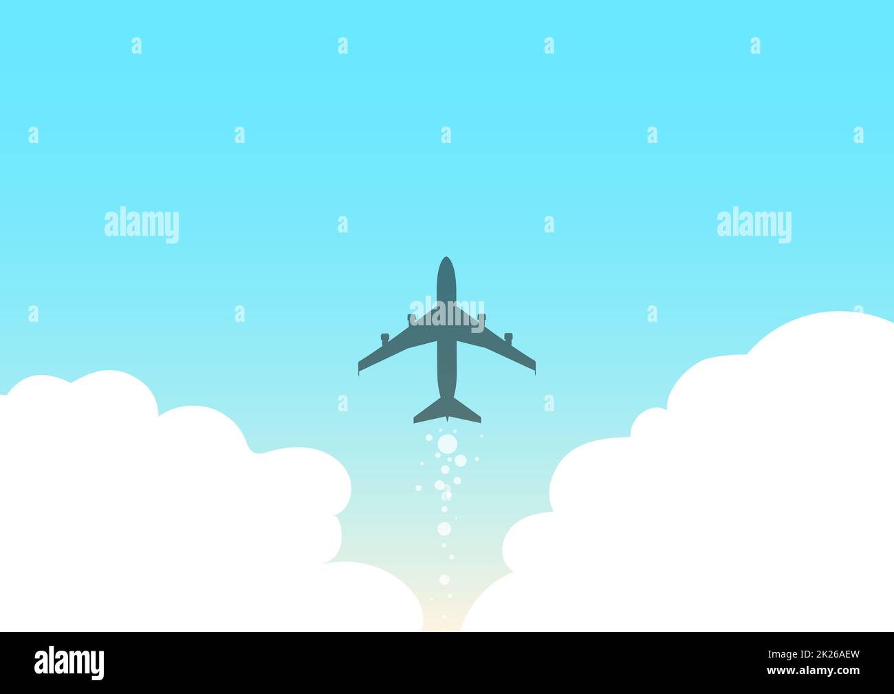 Illustrazione di Airplane che lancia Fast Straight Up to the Skies. Aircraft Drawing Flying High a Sky. Jet Design galleggiante in aria con nuvole. Foto Stock
