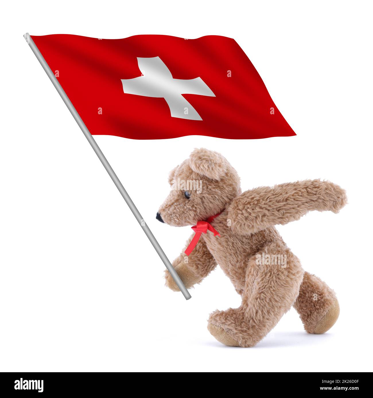 Bandiera svizzera portata da un grazioso orsacchiotto Foto Stock