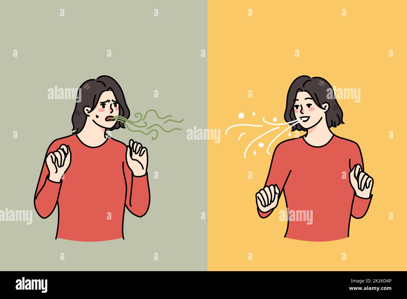 Donna prima e dopo la cura orale Foto Stock