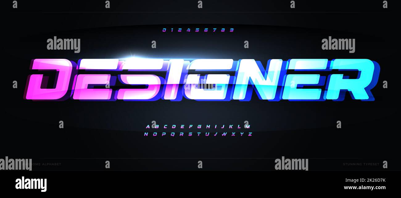 Lettere elettroniche di colore brillante con effetto di distorsione cibernetica. Carattere luminoso per un design tecnologico futuristico. Stile glitch alfabeto design per musica e sport logo, neon gioco d'azzardo titolo, hud testo Foto Stock