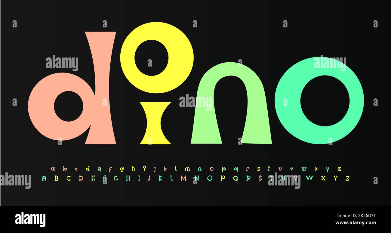Colore carattere allegro lettere di cartoni animati di colore dell'alfabeto allegro. Set di lettere fumetto funky per il logo e il titolo del compleanno dei bambini, copertina del libro per bambini, stampa di T-shirt cartoon, stile di scuola e festival Foto Stock