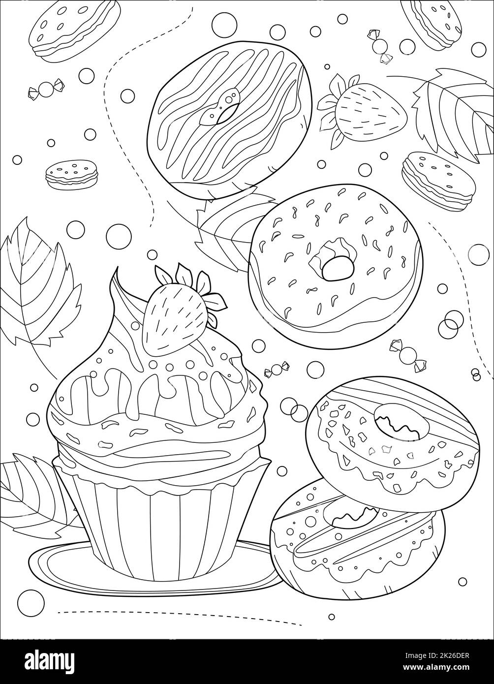 Grande cupcake con farcitura ciambelle ricoperte di Frost Line disegno colorazione idea del libro Foto Stock