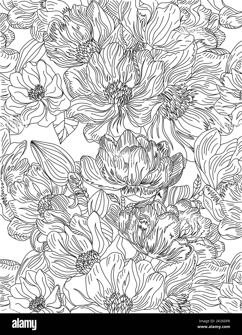 Linea disegno fiori per colorare idea libro Foto Stock