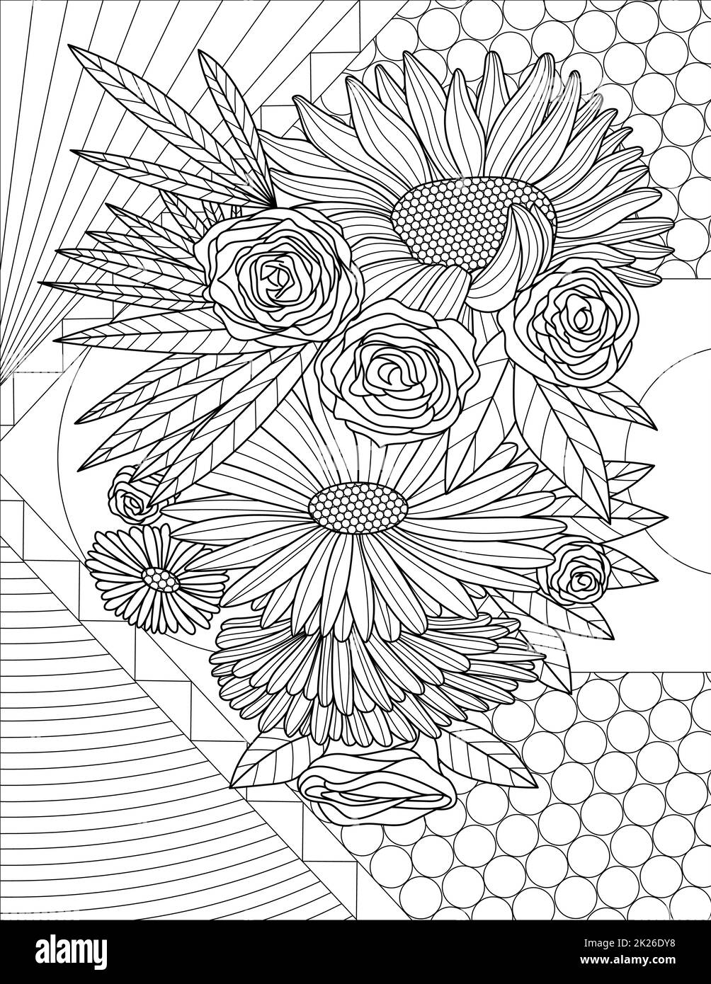 Linea di fiori assortiti disegno iwth sfondo geometrico colorazione idea di libro Foto Stock