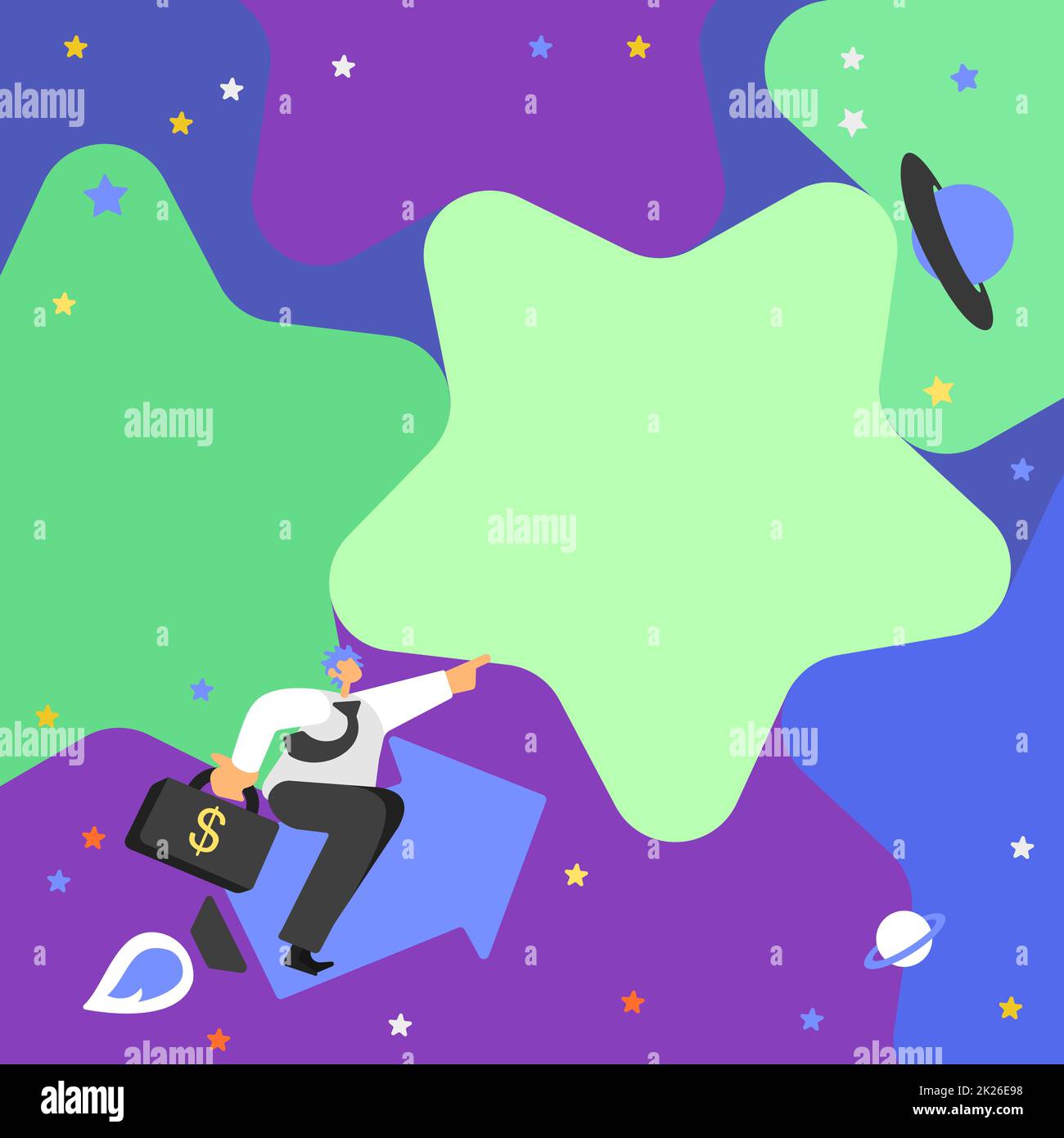 Gentleman seduto freccia che punta la stella del dito che rappresenta il successo finanziario. Uomo che raggiunge la mano di puntamento Starry Sky Visualizza nuovi risultati finanziari. Foto Stock