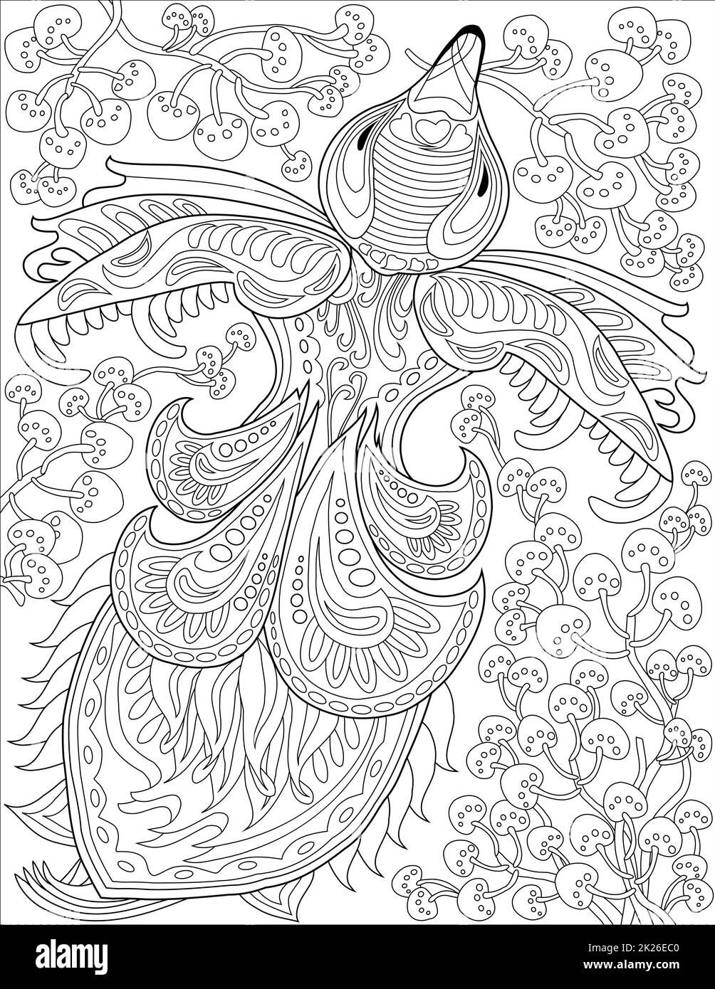 Bellissimo uccello con coda di piume grande circondato da farfalle che circondano linea disegno per colorare libro Foto Stock
