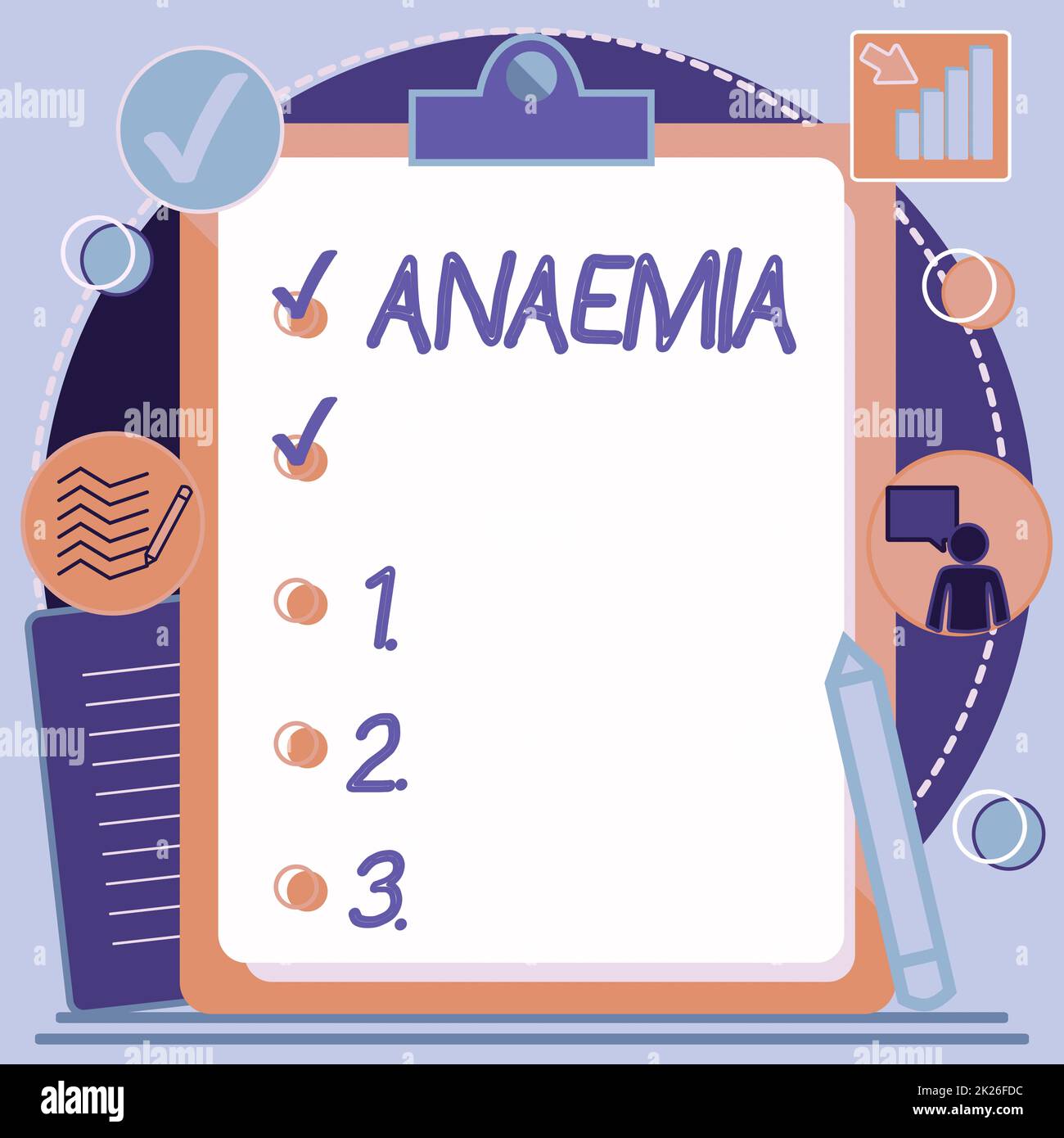 Segno di scrittura a mano anemia. Concetto aziendale una condizione contrassegnata da una carenza di emoglobina nel disegno degli Appunti del sangue con l'elenco di controllo elementi selezionati nell'elenco. Foto Stock