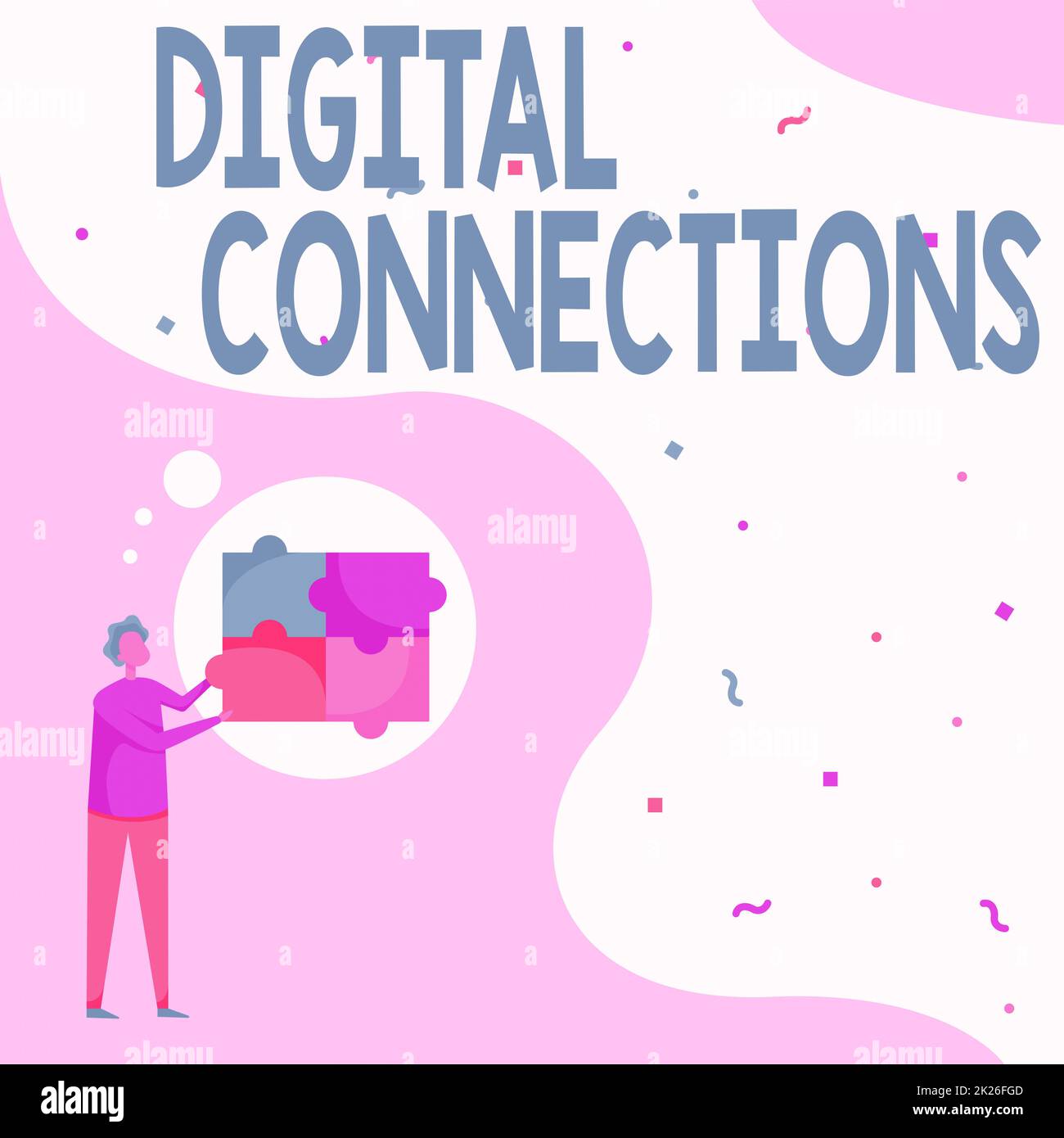 Scrittura di testo Collegamenti digitali. Rete virtuale di idea di affari che collega l'utente ai suoi contatti uomo disegno in piedi che misura quattro pezzi di puzzle di Jigsaw. Foto Stock