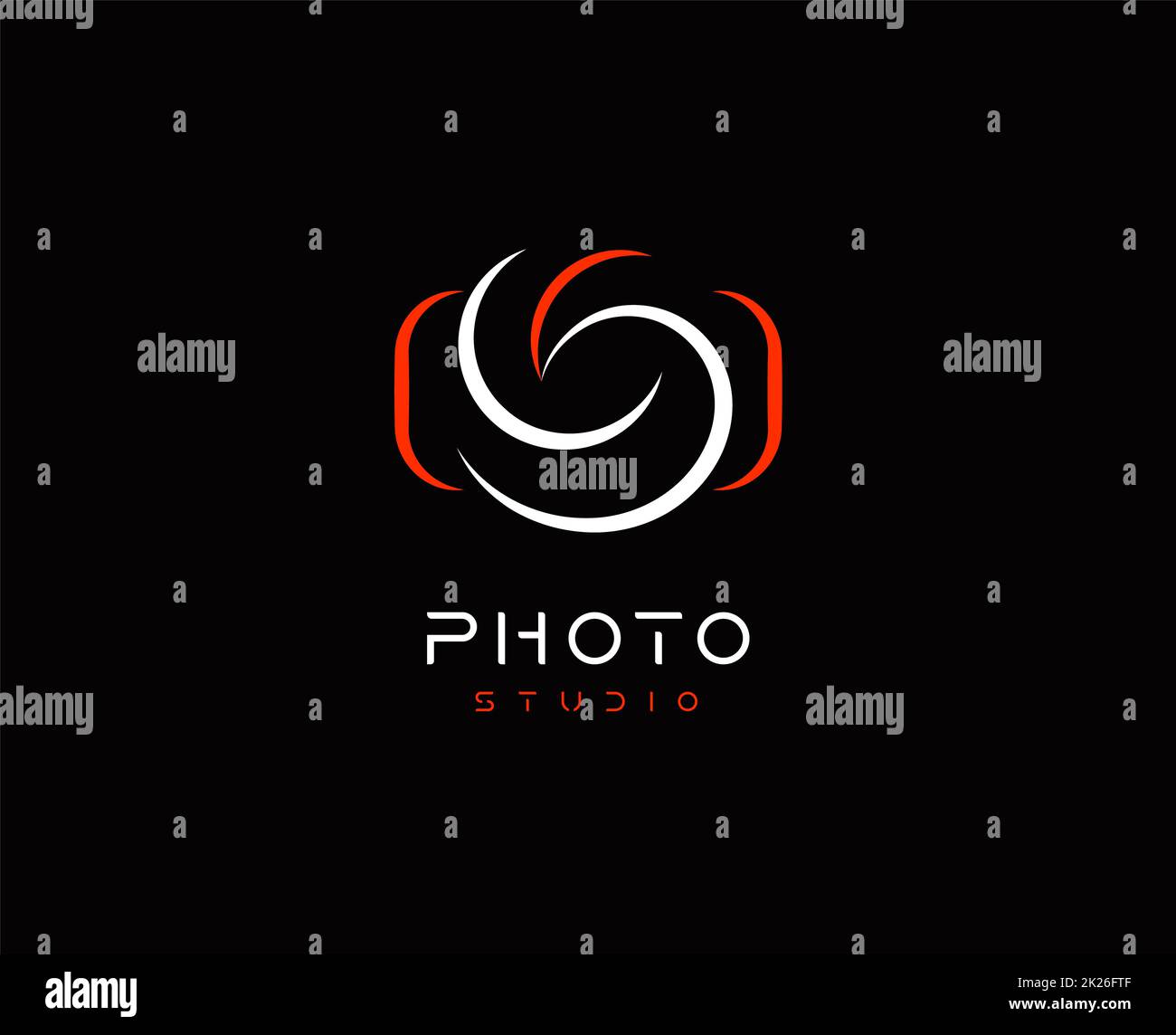 Fotocamera Abstract modello di logo vettoriale, design minimal logotipo concetto per studio di arte digitale, studio fotografico, fotografo e foto editor app, isolato su sfondo nero Foto Stock