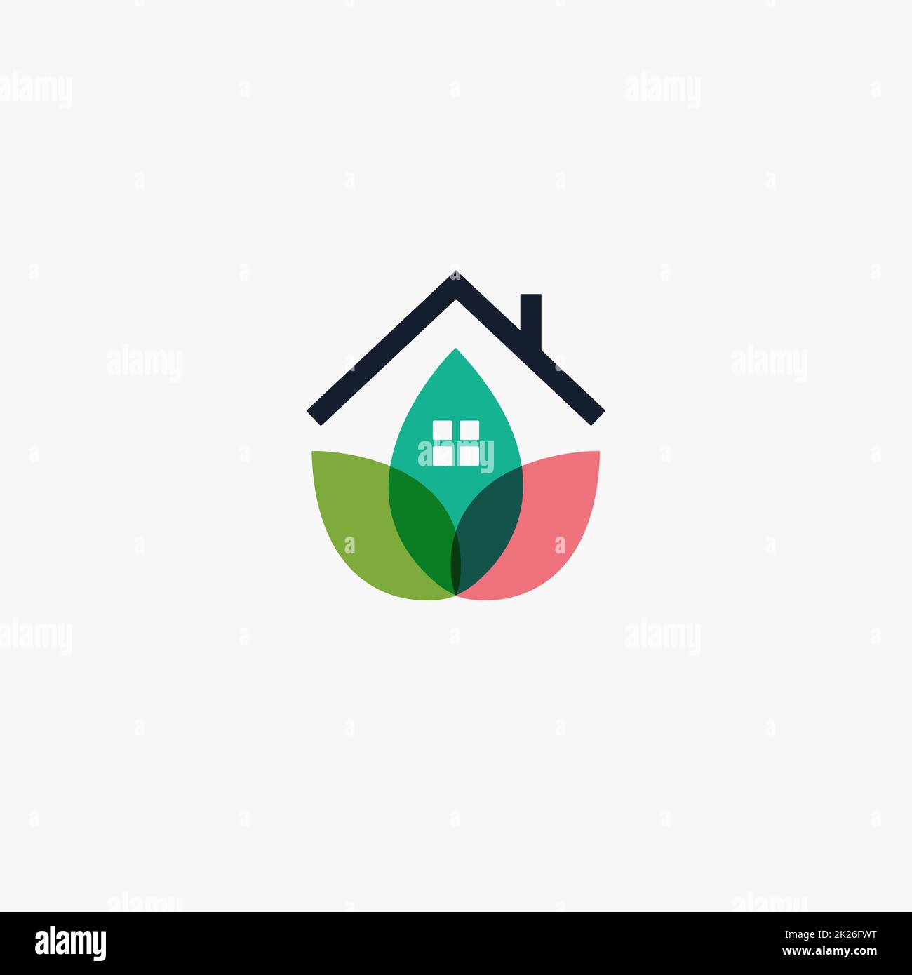 Logo casa giardino modello di progettazione agricoltura logotipo, chalet astratto icona, petalo o foglie casa, eco casa, vegetariano asilo logotipo Foto Stock