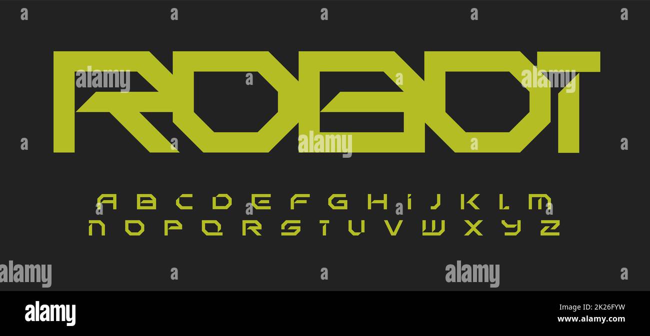 Alfabeto in stile robotico. Font futuristico geometrico per design innovativo moderno, logo futuristico, titolo, monogramma, citazione, scrittura creativa e tipografia. Disegno tipografico vettoriale Foto Stock