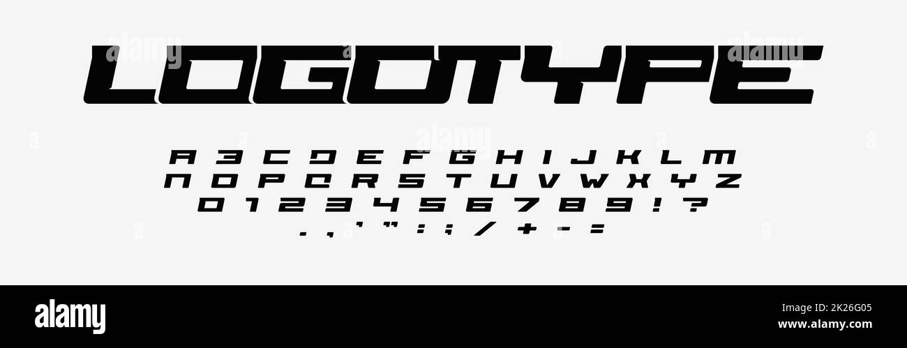 Alfabeto per i loghi. Lettere larghe, numeri e segni di punteggiatura. Carattere corsivo, design minimalista per il logo sportivo moderno, la velocità e il titolo auto. Stile esteso, disegno tipografico vettoriale Foto Stock