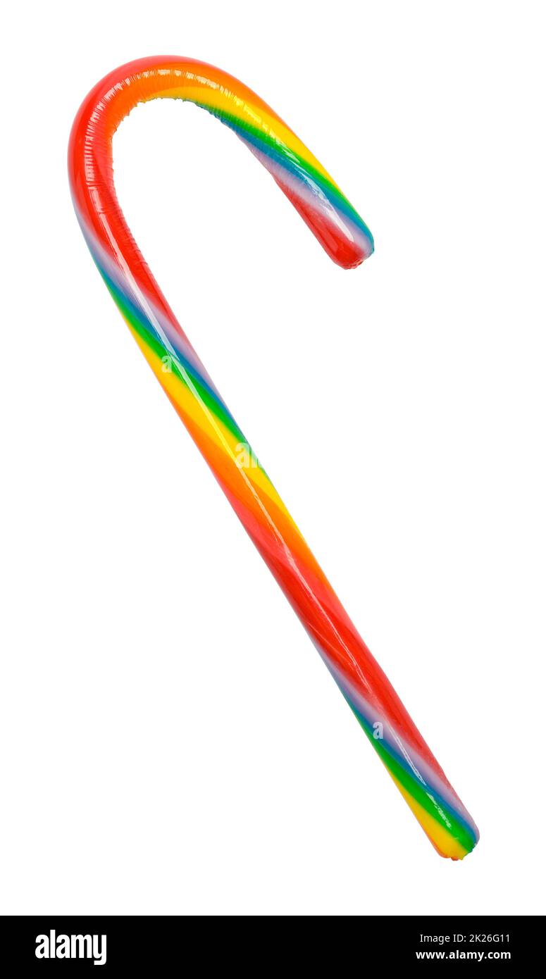 Coloratissima canna da zucchero Rainbow Candy tagliata sul bianco. Foto Stock