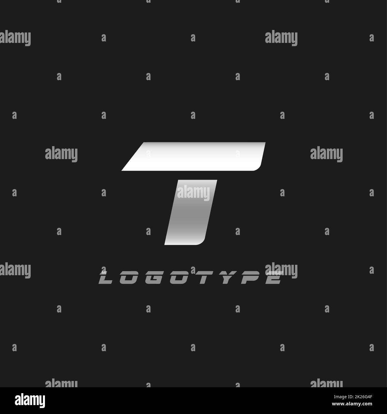 Lama argento lettera T, grassetto corsivo corto monogramma. Stemma vettoriale in ferro di alluminio per officina di riparazione auto o per auto e servizio di corsa logo moderno. Foto Stock