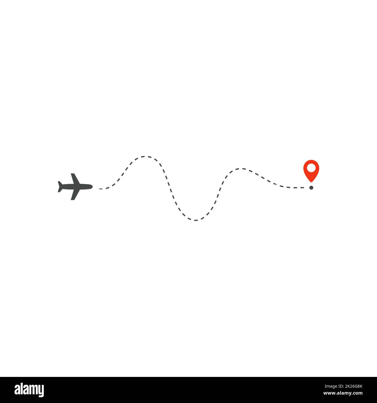 Icona della via aerea, direzione del percorso ondulato dell'aereo e punto rosso di destinazione, modello di disegno del logo, modello di illustrazione del viaggio di vacanza su sfondo bianco. Foto Stock
