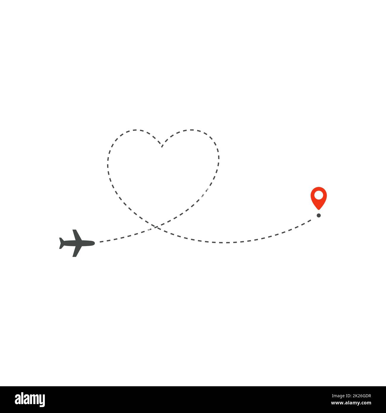 Icona della via aerea, direzione del percorso aereo e punto rosso di destinazione, modello di disegno del logo, modello di illustrazione del viaggio di vacanza su sfondo bianco. Foto Stock