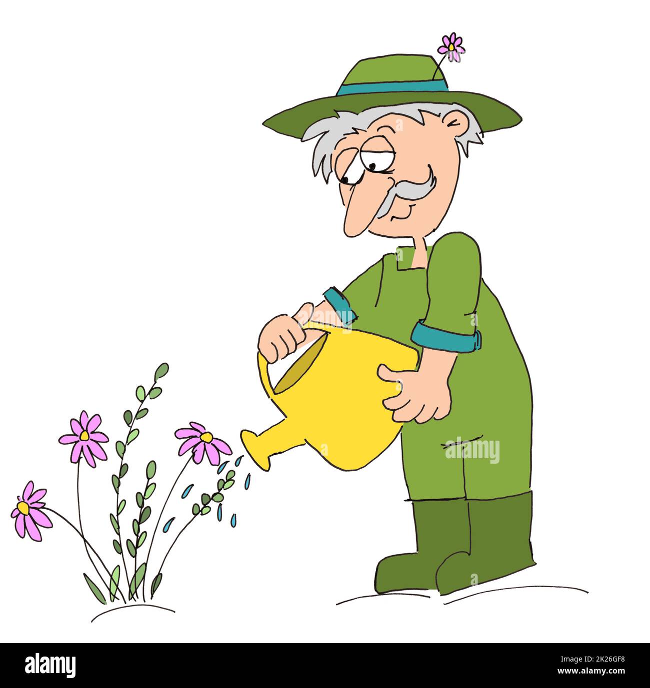 Disegno del cartone animato: Giardiniere anziano con i fiori nel suo giardino Foto Stock