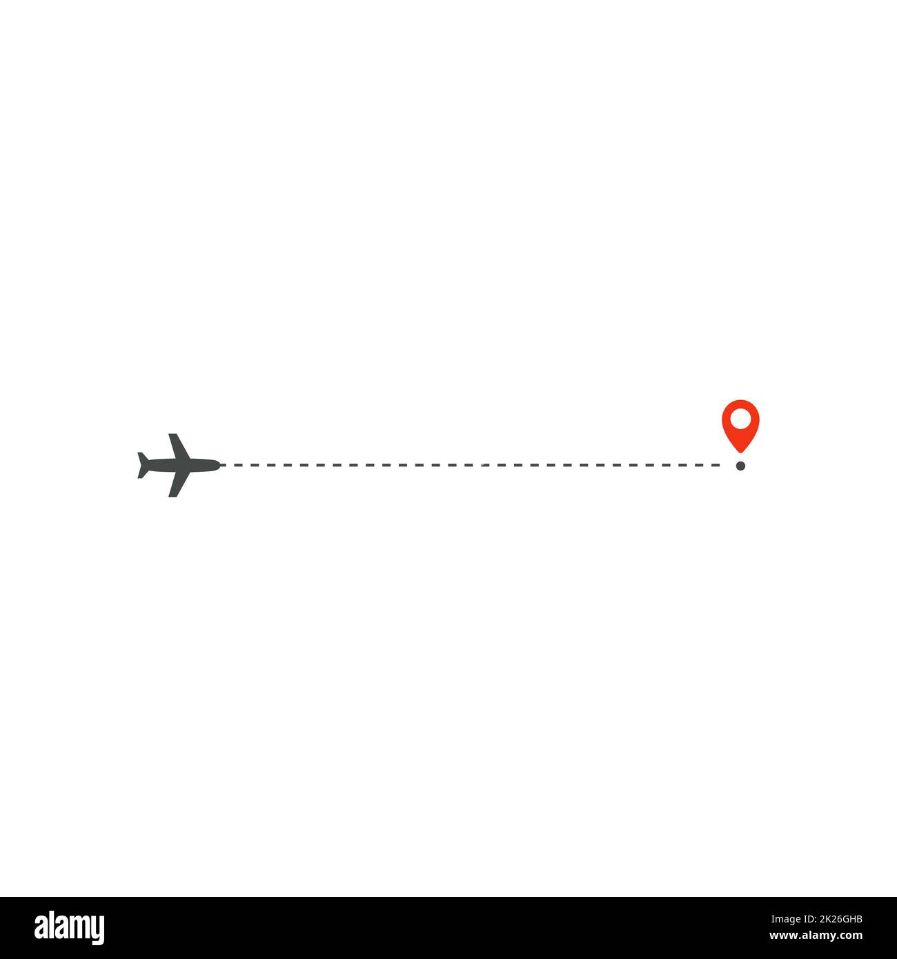 Icona della via aerea, direzione del percorso aereo rettilineo e punto rosso di destinazione, modello di disegno del logo, modello di illustrazione vettoriale del viaggio di vacanza su sfondo bianco. Foto Stock