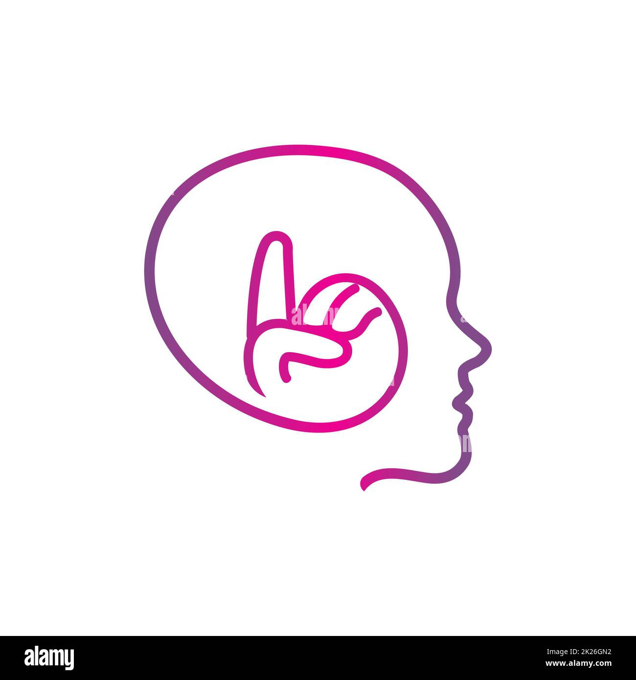 Logo isolato rosa vettoriale della silhouette della testa umana. Immagine dell'indice. Cervello creativo. Simbolo persona intelligente. Uomo intelligente. Illustrazione delle cuffie. Etichetta musicale. Emblema WALKMAN®. Segnale radio. Foto Stock