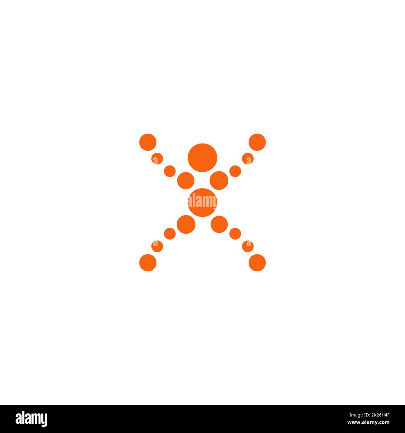 Figura umana astratta da palle arancioni di varie dimensioni, posizione X, logo vettoriale. Simbolo della salute umana e del potere, silhouette semplice. Lettera astratta X. Foto Stock