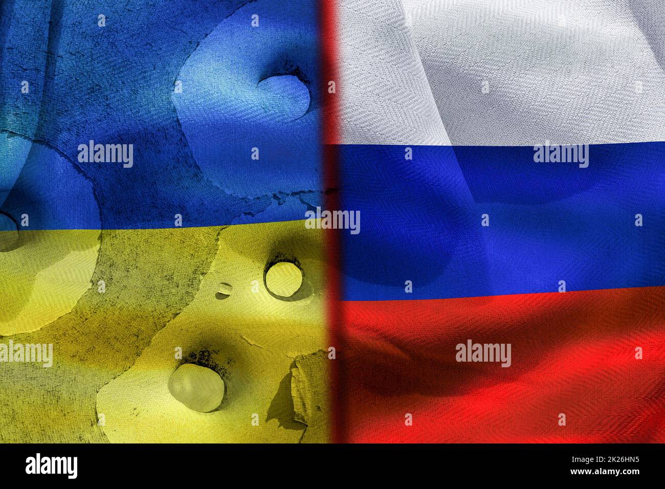 Una bandiera divisa di Russia e Ucraina come simbolo del conflitto in corso. Foto Stock