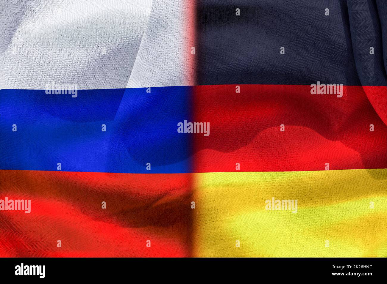 Bandiera divisa di Russia e Germania come simbolo del conflitto in corso. Foto Stock