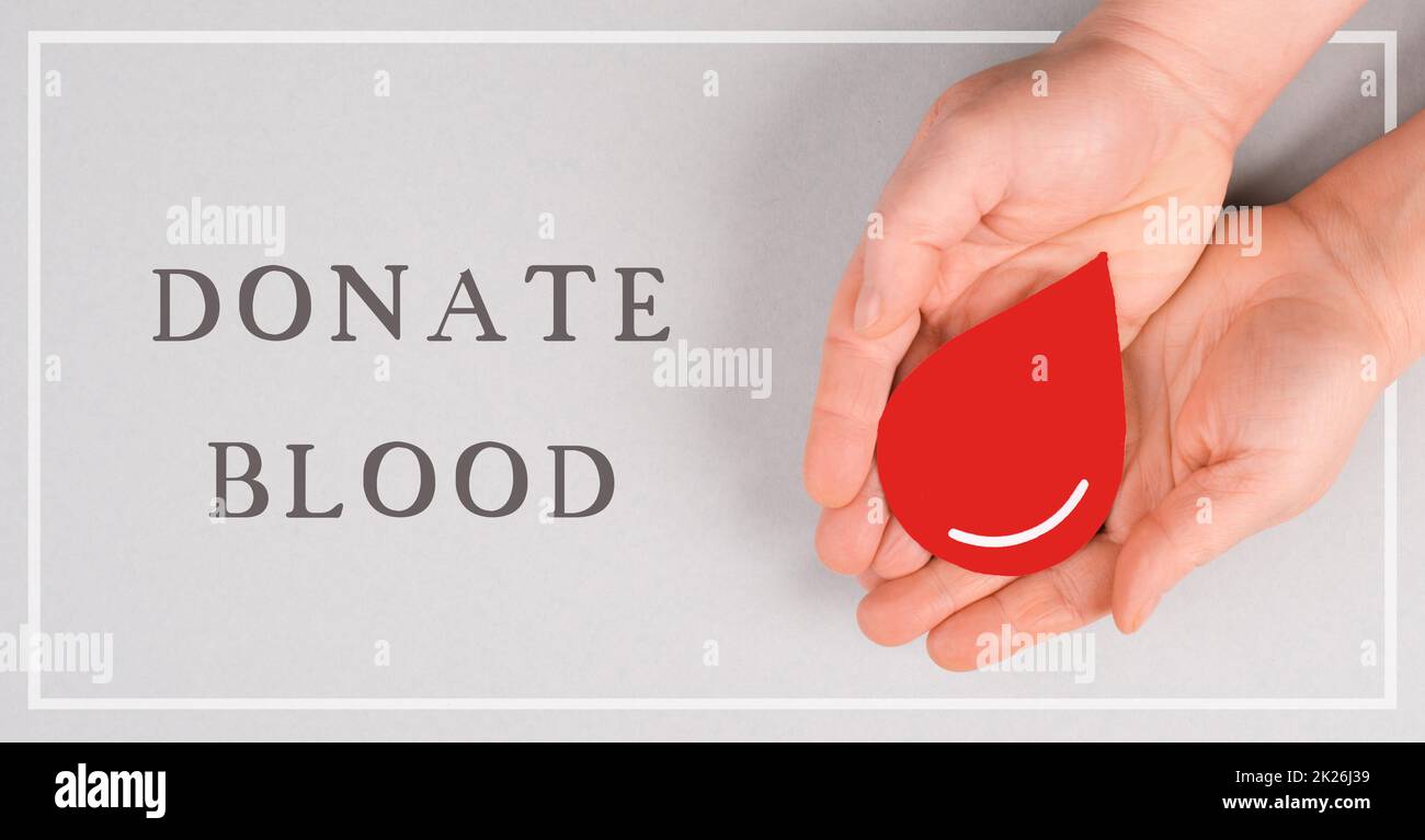 Tenere una goccia rossa nelle mani, donare il sangue, giornata mondiale dei donatori di sangue, assistenza sanitaria, trasfusione Foto Stock