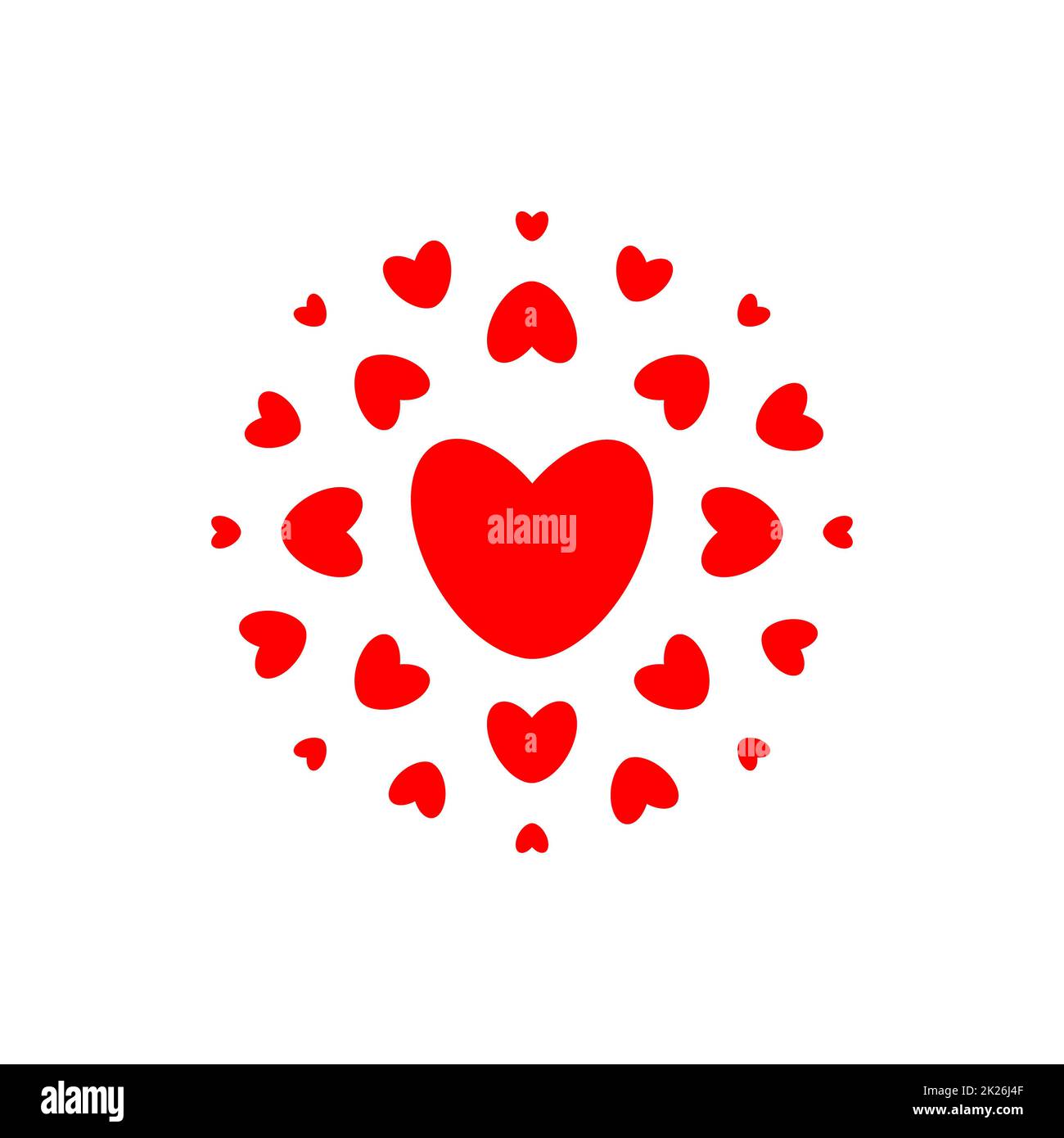 Simbolo dell'amore e della salute. Cuori rossi in cerchio, semplice eleganza modello rotondo logo. Concept design per matrimoni, San Valentino, arredamento farmacia. Emblema vettoriale isolato. Foto Stock