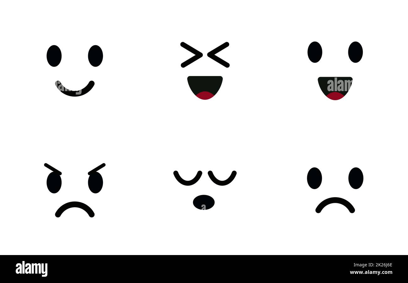 Set di icone emoji. Volti dei personaggi, simpatiche emoticon, simboli dell'umore. Sorridente, felice, gioioso, triste e arrabbiato. Illustrazione del vettore isolato su sfondo bianco. Foto Stock