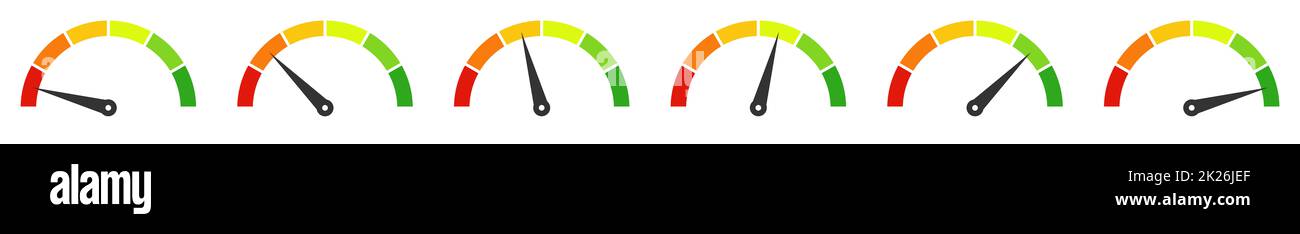 6 tachimetri che mostrano le prestazioni o la velocità Foto Stock