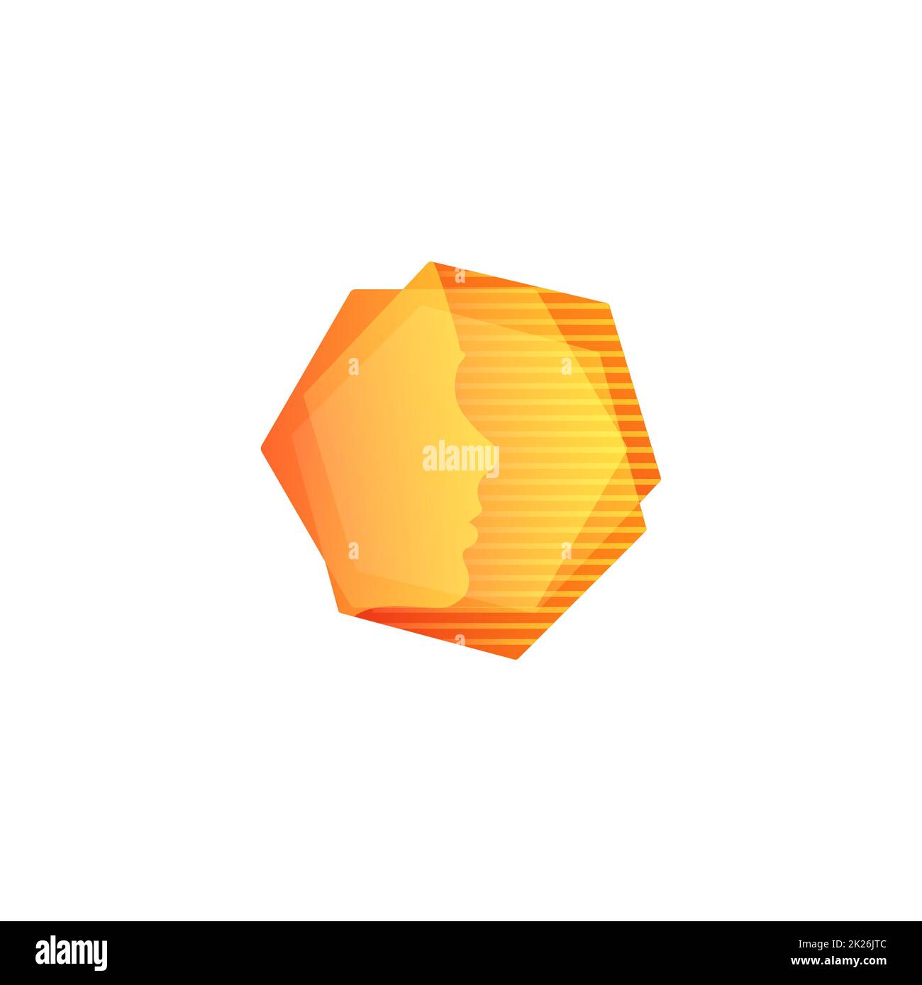 Abstarct orange forma geometrica, volto umano in esagoni con strisce di sfondo, insolito logo vettoriale. Foto Stock