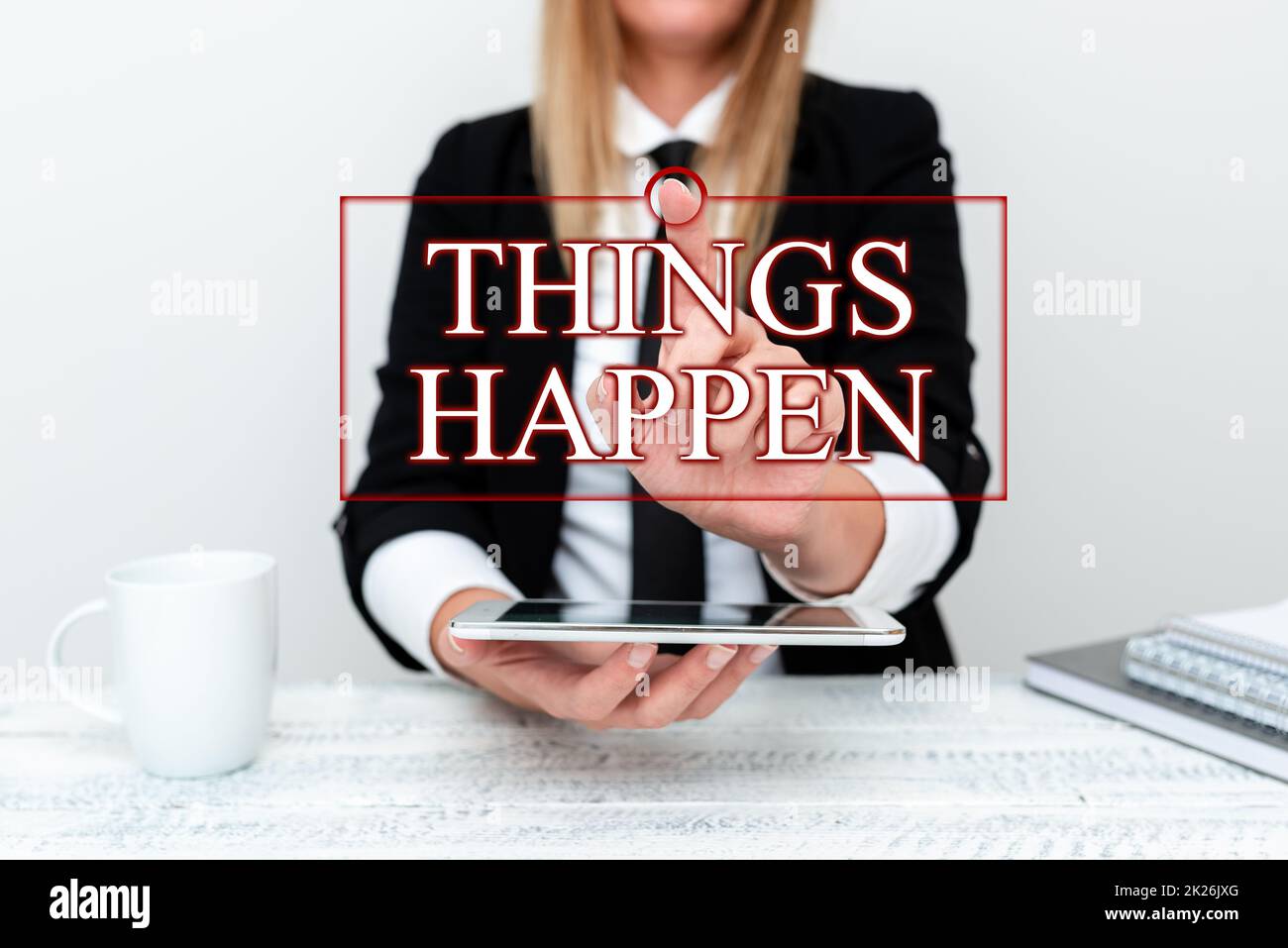 Segnali che mostrano le cose accadono. Parola per risultato della situazione corso d'azione qualcosa non può controllare presentare i dati aziendali, discutere i problemi aziendali Foto Stock