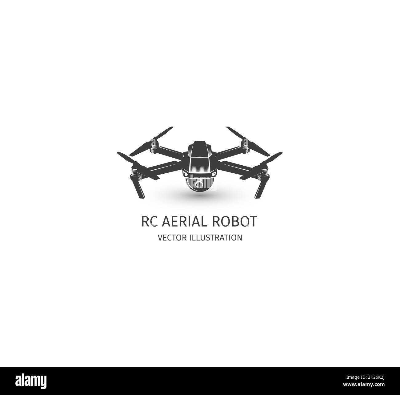 Isolato rc drone logo su bianco. Tecnologia Drone logotipo. Unmanned Aerial icona del veicolo. Il dispositivo di telecomando segno. Visione di sorveglianza multirotor. Quadcopter vettore illustrazione. Foto Stock