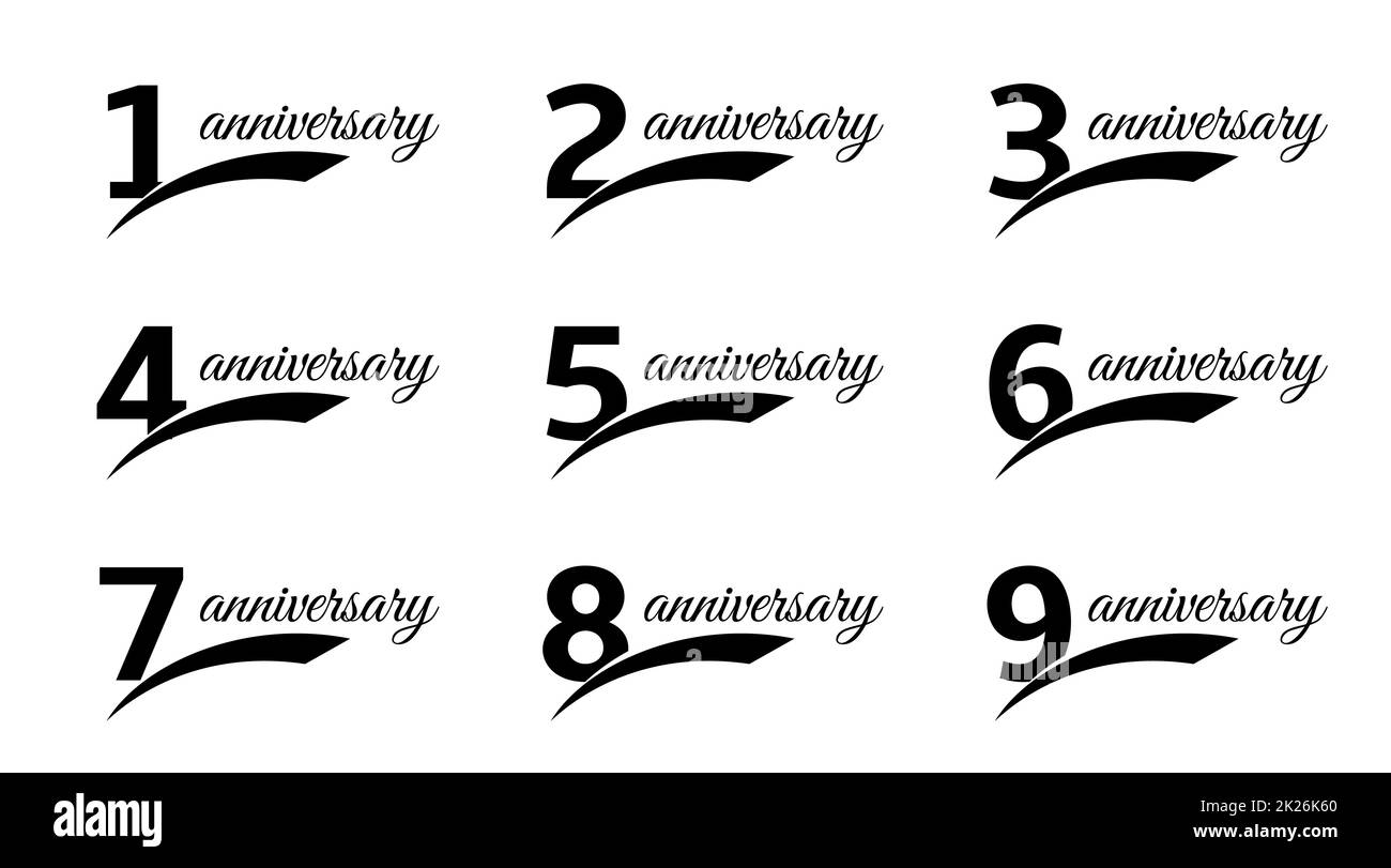 Numeri isolati di colore nero con icone di anniversario di parola set, elementi di biglietto d'auguri collezione illustrazioni vettoriali. Foto Stock