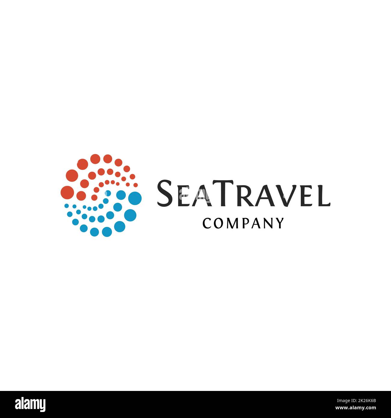 Logo a forma rotonda di colore rosso e blu astratto isolato, logotipo di viaggi in mare di punti su sfondo bianco, illustrazione vettoriale dell'elemento a vortice punteggiato. Foto Stock
