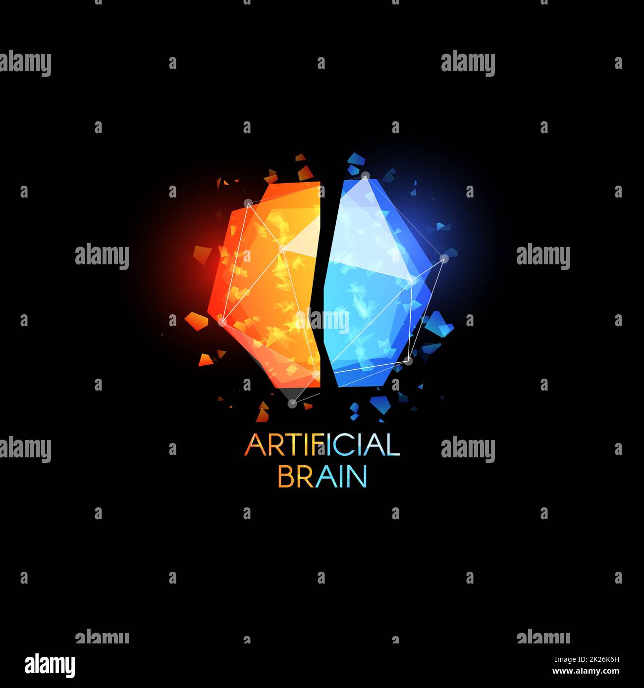 Intelligenza artificiale, il logo del cervello. Vetri colorati abstract forme poligonali con cocci di vetro. Logotipo vettoriale modello. Foto Stock